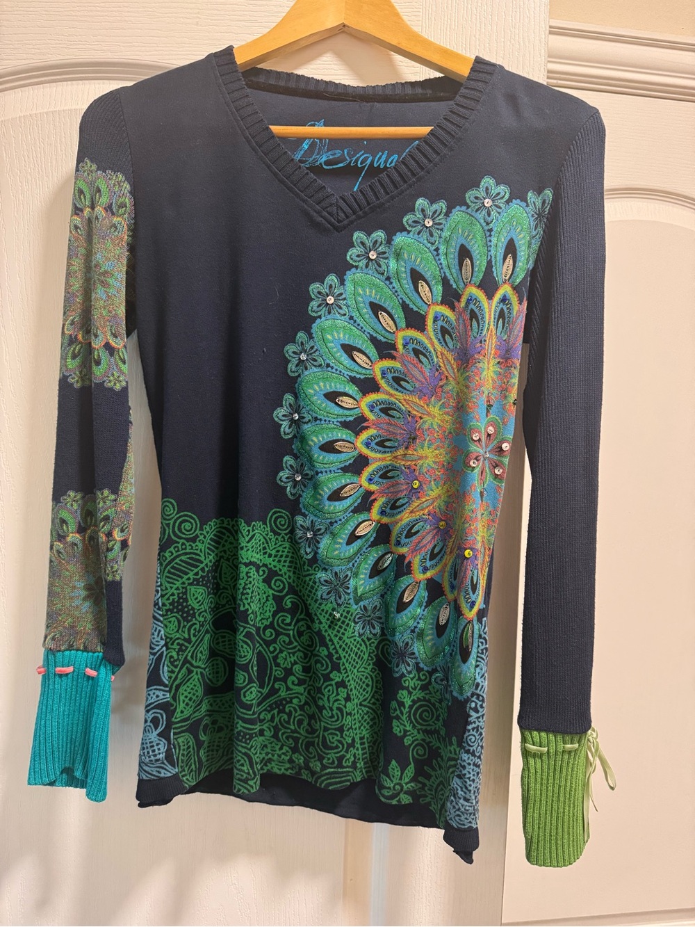 Desigual Navy Blue Long Sleeve V-Neck Tee with Green and Teal Mandala